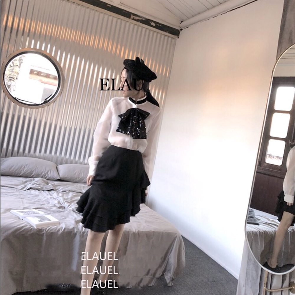 Designer Sheer Organza Blouse with Detachable Sequin Bow & Velvet Collar